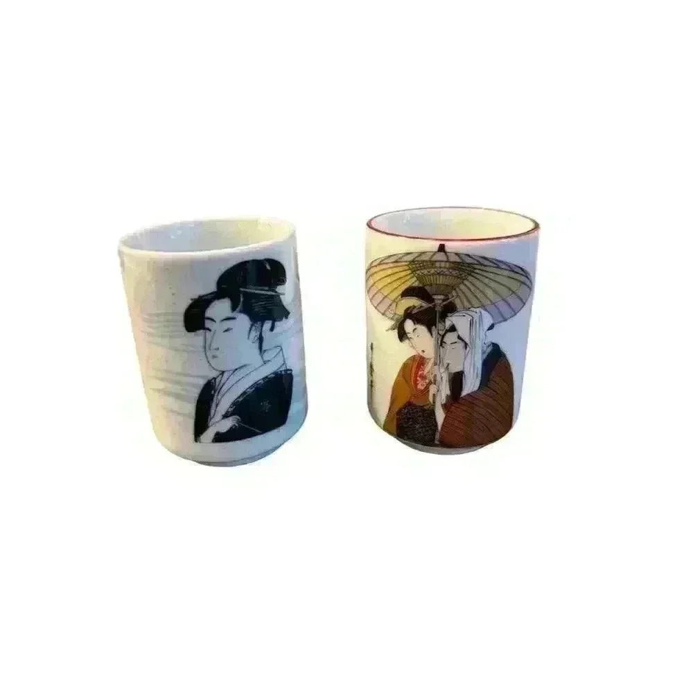 Vintage Japanese Porcelain Tea/Sake Cups Hand-Painted Geisha Mikado set of two